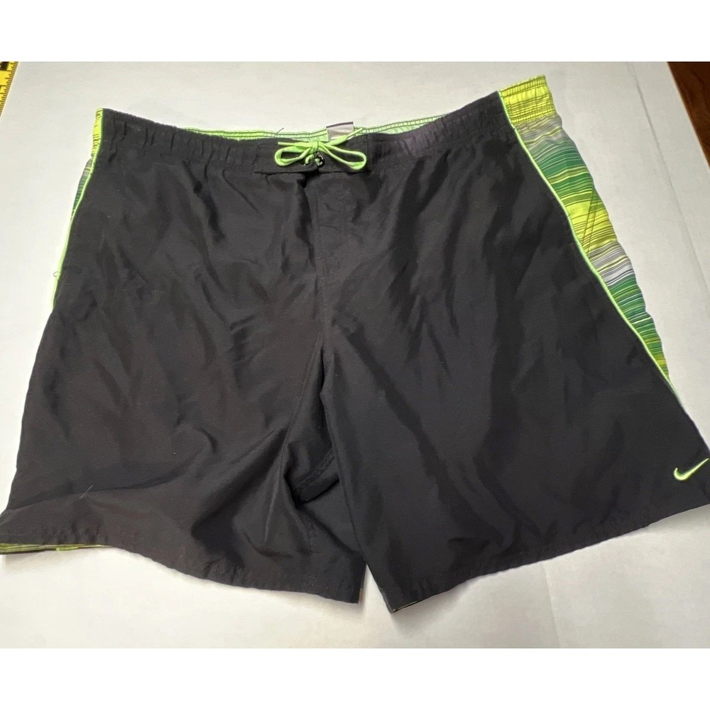Nike Swim Shorts Trunks Black Neon Green Drawstring & Side Panels Mesh Lined